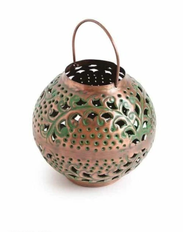 Antique Copper Iron Lantern With Handle In Green Patina Finish (Dia - 8in, H - 7.5in) -  Free Size, Metal, Antique, Pack of 1
